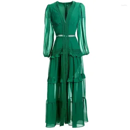 Casual Dresses Fashion Designer Autumn Women V-Neck Lantern Sleeve Ruffles Hollow Out Solid Green Long