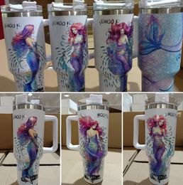 4 Colors Stainless Steel Mermaid Cup 40OZ Outdoor Sports Cup With Handle Water Bottle Portable Beer Mugs Insulation Travel Tumblers