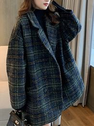 Womens Wool Blends Womens Jacket Winter Korean Style Woollen Overcoat Vintage Lattice Loose Coats Double Breasted Turn Down Collar Tweed Jacket 230906