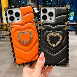 Luxury Square Leather Case 3D Diamond Love Heart Ring Bracket Metal Shockproof Case for iPhone 15Pro Max 11 12 14Pro Xr Xm Samsung S23 S22 cover