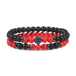 Strand 2pcs Natural Pava CZ Ball Beads Bracelet Men Hematite Tiger Eye Black Red Stone Bracelets Bangles Women Elastic Jewellery