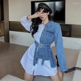 Casual Dresses Tops Women Denim Stitching Dress Spring Autumn Korean Fashion Waist Thin Irregular Shirt Blouses Blusas Y Camisas