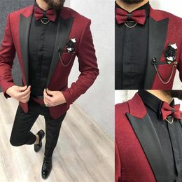 Men's Suits & Blazers Burgundy Groom Wedding Tuxedos Mens Prom Slim Fit Black Peaked Lapel 2 Pieces Jacket Vest12652