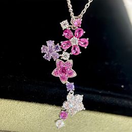 Chains Summer Pure 925 Sterling Silver Jewelry Ladies Pink Flower Pendant Beautiful Necklace Birthday Gift