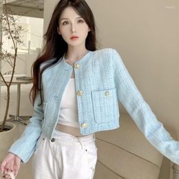 Women's Jackets 2023 Fashion Small Fragrant Women Tweed Short Coat Autumn O-Neck Long Sleeve Female Golden Button Outerwear