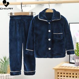 Pyjamas Kids Flannel Pyjama Sets Boys Girls Autumn Winter Thicken Warm Solid Home Wear Children Lapel Long Sleeve Sleeping Clothing 230906