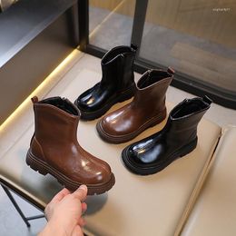 Boots Girls Kids Fashion Leather Black Brown Side Zipper Non-slip Children Casual 2023 Boys Shoe Waterproof