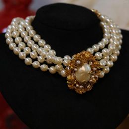 Chains High Quality Vintage Brass Gold Plated Flower Pearl Antique Brooch Necklace