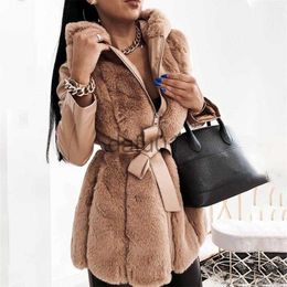 Women's Fur Faux Fur 2022 New Winter Women Thick Warm Zipper Jacket Coat With Belt Faux Fur Collar Leather Jackets Outerwear Ladies Parkas x0907