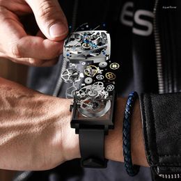 Wristwatches SOLLEN Brand Fashion Square Dial Skeleton Design Mechanical Watch For Men Sport Silicone Strap Classic Transparent Hollow