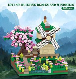 Blocks City Street Sakura Windmill Building Blocks Fisherman's Cottage Tree Assemble Toys For Children Kids Toy Gift Decora R230907