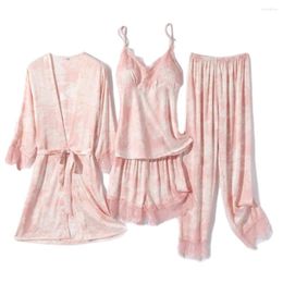 Women's Sleepwear Women Pajamas 4 Pieces Sets Satin Silk Nightwear Pyjama Strap Lace Underwear Thin Beathable Lightweight Lingerie