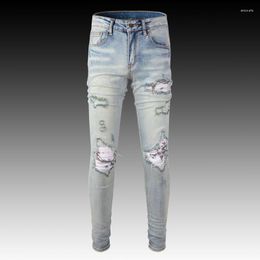 Men's Jeans Fashion Streetwear Men Retro Light Blue Elastic Slim Fit Destroyed Ripped Patch Designer Brand Hip Hop Pants