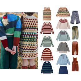 Jerseys Pre sale Girls Set 2023 Autumn Winter KP Pastoral Children s Stripe Knitwear Sweater Short Skirt Strap Pants Fashion l230906