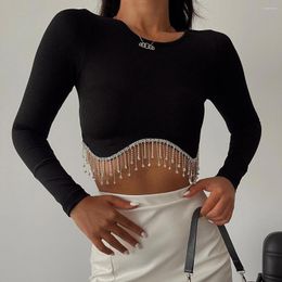 Stage Wear 2023 Autumn Top Fashion Round Neck Long Sleeve Sexy Rhinestone Tassel Slim Fit Open Navel T-shirt For Women