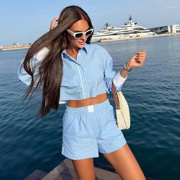 Women's Tracksuits Two-Piece Set Striped Poplin Short Long-Sleeved Shirt Top High Waist Pocket Knee Breeches 2023 Casual Sports Loose Suit
