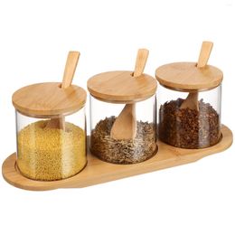 Dinnerware Sets 3 Pcs/1 Condiment Pot Sealed Seasoning Glass Jars Lid Combo Pack Bamboo Container