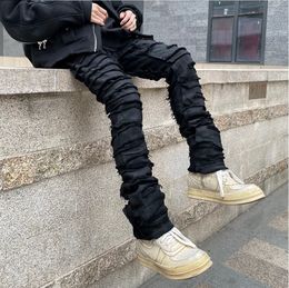 Men's Jeans Heavy Industry Hole Frayed Destruction Waxed Jeans Mens High Street Retro Straight Ripped Pencil Pants Oversize Denim Trousers 230907