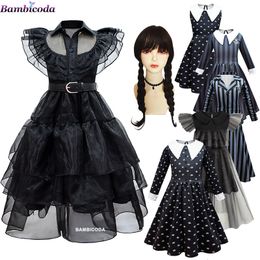 Temedräkt onsdag Addams Cosplay för tjej Vestidos Kids Girls Mesh Party Dresses Carnival Costumes 3-10 år 230907