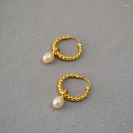 Hoop Earrings Japanese And Korean Niche Design Fried Dough Twists Shape Freshwater Pearl Brass Gold-plated Fashion Simple Personality