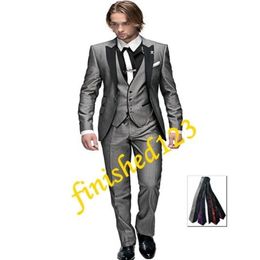 Selling Light grey One button Peak Lapel Groom Tuxedos Groomsmen Men Wedding Blazer Suits Prom Clothing Jacket Pants Vest Tie245U