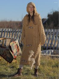 Casual Dresses Fall Winter Hooded Sweater Dress Women Vintage Warm Lazy Style Mori Girls Handmade Embroidery Oversize Wool Knitted Long
