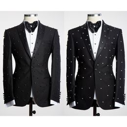 Tailored Men Wedding Tuxedos Diamonds Beading Peaked Lapel Tuxedos Jacket 2 Pieces Male Costume Party Business Coat