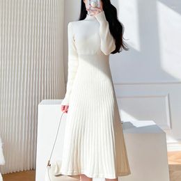 Casual Dresses Elegant White Turtleneck Knitted Sweater Women 2023 Autumn Winter Female Long-sleeved Slim Tunic Basic Bottoming Dress