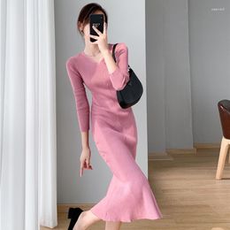 Casual Dresses V-neck Long Sleeve Knitted Dress Women Sexy Bodycon A Line Knit Maxi Vestidos Autumn Fashion Commuter Fishtail Skirt
