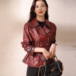 Women's Leather OC00390# Genuine Jacket For Women Wine Red Fashion Suit Collar Oil Wax Cotton Sheepskin Trench Coat Customization