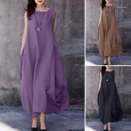 Casual Dresses 2023 Summer Cotton Linen Loose Big Swing Solid Colour Round Neck Pocket Dress Women