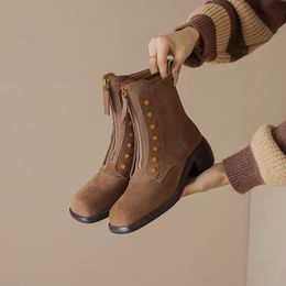 Boots autumn winter Women ankle boots natural leather 2225cm cow suedepigskin modern Retro front zip short 230907