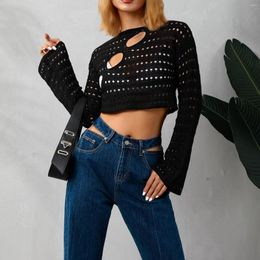 Women's Sweaters Women Y2K Knitted Hollow Out Crop Tops Long Sleeve Round Neck Solid Colour Loose T-Shirts 2023 Autumn Casual Cover-UP