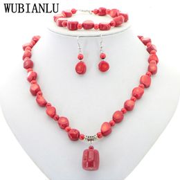 Wedding Jewelry Sets Natural Stone Red Coral Irregular Shape Isolation Round Beads Pendant Necklace Bracelet Earrings Jewelry Set Women Charms Gift 230906