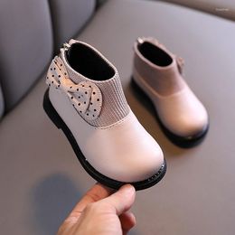 Boots 2023 Autumn Winter Kids Shoes For Girl England Style Plush Boot Short Solid Colour Bowknot Cute Sweet Princess Baby