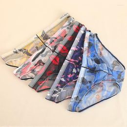 Underpants Men's Mesh Briefs Underwear Sexy Low Waist Elastic Printing Panties See Through Transparent Breathable Sheer Lingerie