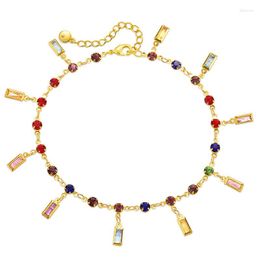 Anklets ALLME Dainty 18K Real Gold Plated Brass Multicolor Square Round CZ Cubic Zirconia Acrylic Strand For Women Wholesale