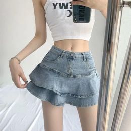 Skirts Summer Y2K Women Korean Fashion Blue Denim Pleated For Solid Casual Streetwear