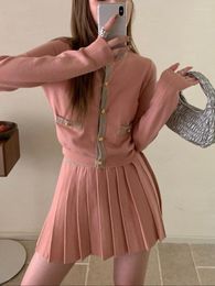 Casual Dresses 2023 Autumn Elegant Knitted Dress Suits Women Y2k Crop Tops Cardigan Mini Skirts 2 Piece Set Korean Style Fashion