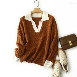 Women's Sweaters Europe Winter Trendy Cable Knitted Luxury Cashmere Merino Wool Open Neck Polo