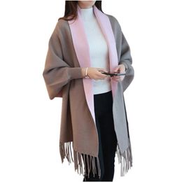 2017 Winter Women's Warm Artificial Cashmere Tassel Poncho With Batwing Sleeve Solid Knitted Oversize Shawl Cardigans269K