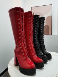 Female Motorcycle Boots Platform Chunky Heel Knee High Med Calf Boots New Arrivals Platform Chunky Heel Lace Up Red Black for girls party shoes