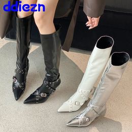 Boots Fashion Pointed Toe Female Silver Shoes Ladies Knee High Heels Footwear Metal Buckle Western Women Long 230907