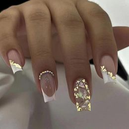 False Nails 24pcs Nude White Short Square Luxury Gold Pink Fake Nials French Press On With Glue Diy Manicure For Women