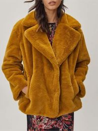 Women's Fur Winter Coat Women Faux Jacket 2023 Autumn Big Lapel Furry Outwear Female Clothes Solid Pocket Fluffy Top