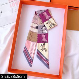 Scarves Luxury Silk Skinny Scarf Fashion Bag Handle Ribbon Ladies Horse Print Headband Small Hair Scarves Band Female 230907