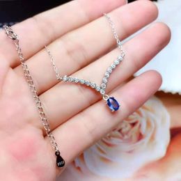 Chains Natural Sapphire V Pendants Necklace S925 Sterling Silver Fine Fashion Charming Jewellery For Women MeibaPJ FS