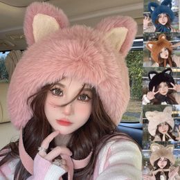 BeanieSkull Caps Big Ear Knitted Hat Velvet Warm Protection Pullover Korean Cute Womens Pink Plush Ball Winter 230907