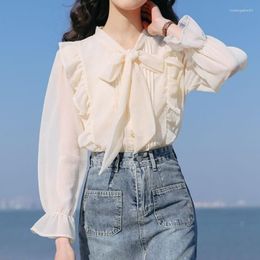 Women's Blouses Bow Tie Collar White Chiffon Shirt Korean Style Elegant Blouse Spring Summer Fashion 2023 Female Long Sleeve Sweet