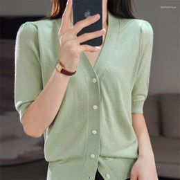 Women's Knits Summer Worsted Wool Knitted Cardigan Short-Sleeved Ladies V-Neck Solid Color High-End Fashion Top